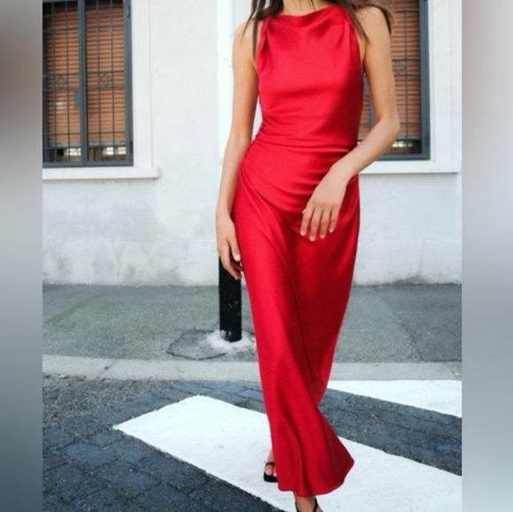 Zara Red Satin Midi Dress Size Medium - Picture 2 of 6